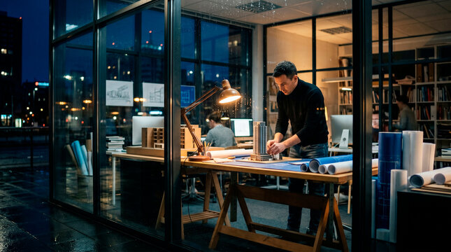 Dedicated architect reviewing blueprints at a drafting table in an office studio at night