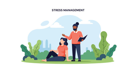 An illustration of a woman sitting in a park while a man stands nearby holding a book, highlighting techniques for effective stress management. © Malik