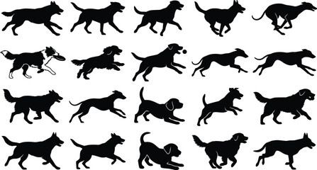 Fototapeta premium Collection of running and jumping dog silhouettes featuring various breeds isolated on a clean white background for design assets