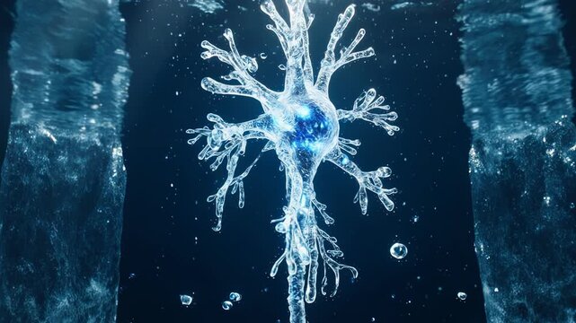 Glowing Frozen Crystal Human Neuron Underwater in an Icy Cavern