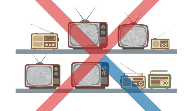 Multiple retro televisions and transistor radios arranged on shelves with diagonal lines crossing them out to signify restricted usage.