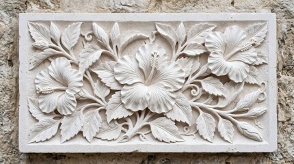 Obraz premium Intricate Stone Carving of Hibiscus Flowers and Leaves.
