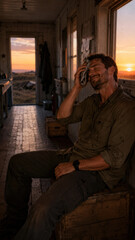Obraz premium A man wipes his forehead while sitting on a wooden crate in a rustic cabin. The warm glow of sunset fills the room, creating a relaxed atmosphere.