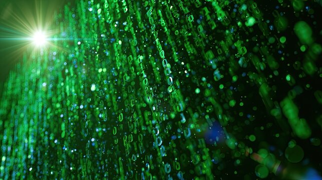 Glowing green binary code cascades in abstract digital stream with bright lens flare