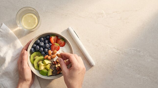 Healthy Morning Routine with Fresh Nutritious Food and Generic Medical Device on Modern Kitchen Counter
