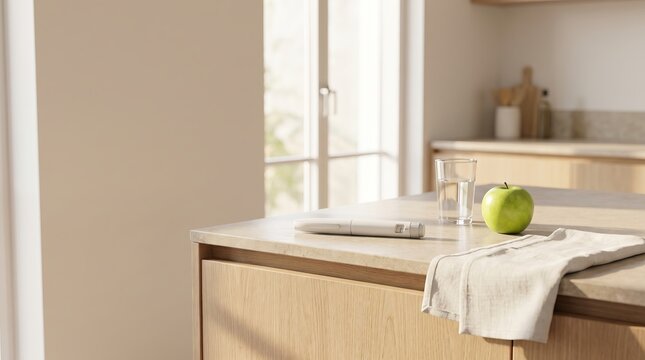 Healthy Morning Routine with Fresh Nutritious Food and Generic Medical Device on Modern Kitchen Counter