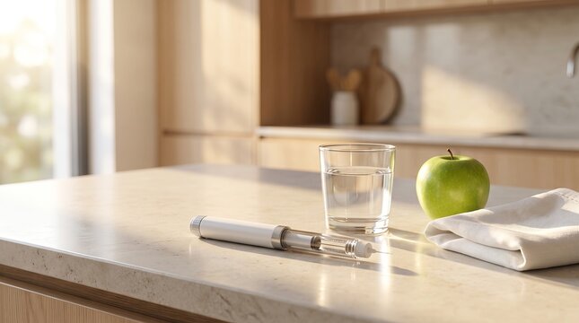 Healthy Morning Routine with Fresh Nutritious Food and Generic Medical Device on Modern Kitchen Counter