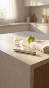 Healthy Morning Routine with Fresh Nutritious Food and Generic Medical Device on Modern Kitchen Counter