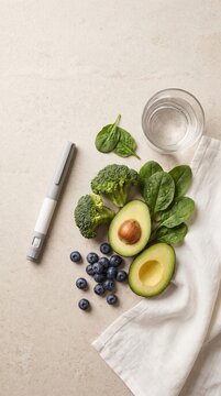 Healthy Morning Routine with Fresh Nutritious Food and Generic Medical Device on Modern Kitchen Counter
