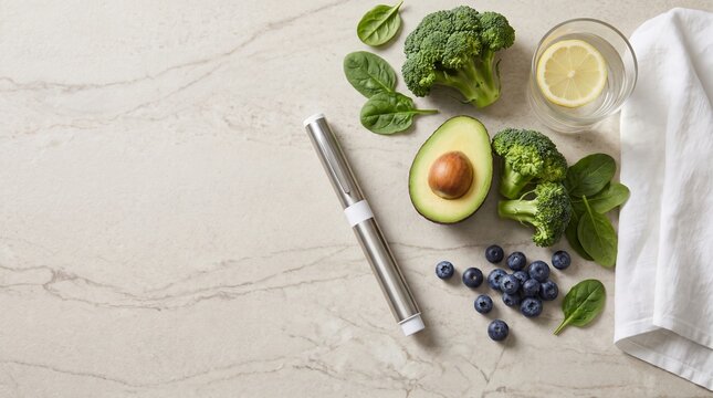 Healthy Morning Routine with Fresh Nutritious Food and Generic Medical Device on Modern Kitchen Counter