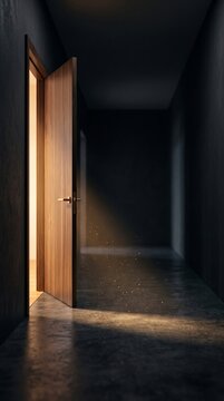 Modern Wooden Door Slightly Open with Warm Light in Minimalist Hallway, Opportunity and New Beginning Concept