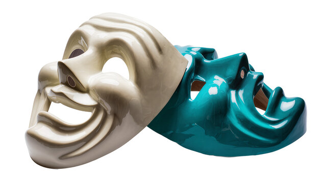 Two theatrical masks comedy and tragedy smiling and grimacing, isolated on transparent background