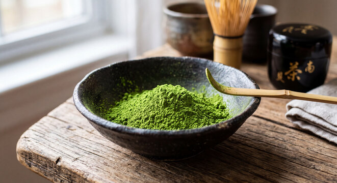 Vibrant green matcha powder in ceramic bowl with bamboo chashaku scoop for Japanese tea preparation