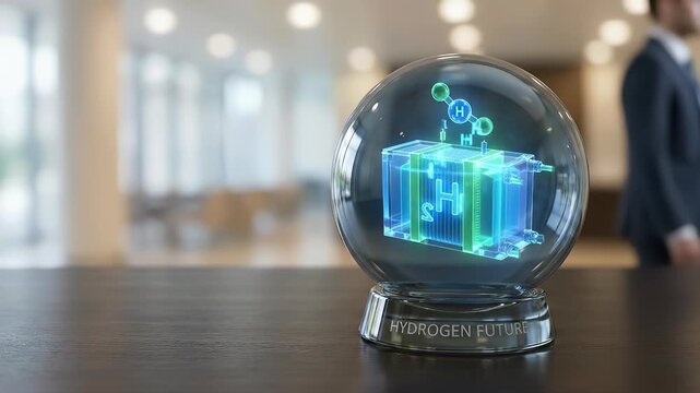 Hydrogen energy technology illuminating inside a clear crystal sphere, demonstrating clean fuel cell systems, future power generation, environmental sustainability, and innovation development.