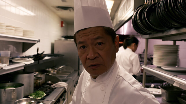 Cheerful Chef Smiling in Professional Kitchen with Stainless Steel Equipment