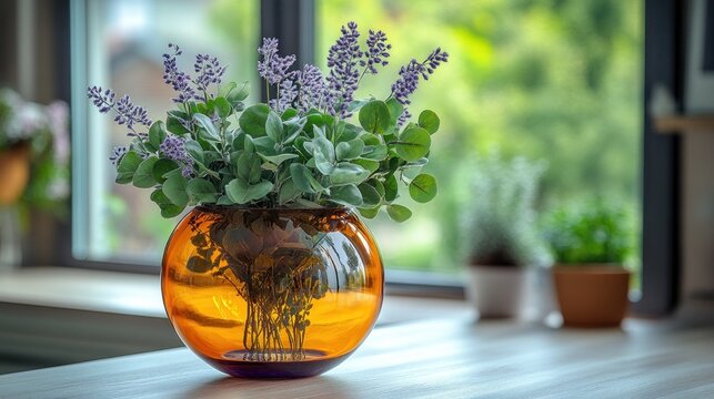 A beautiful lavender and eucalyptus arrangement in a glass vase by a sunny window.
