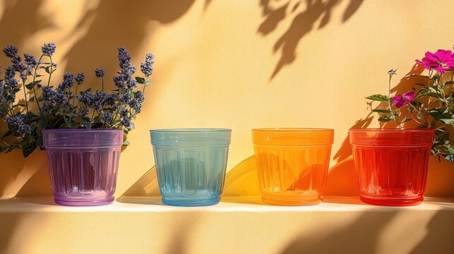 Colorful plastic pots and plants bathed in warm summer sunlight.