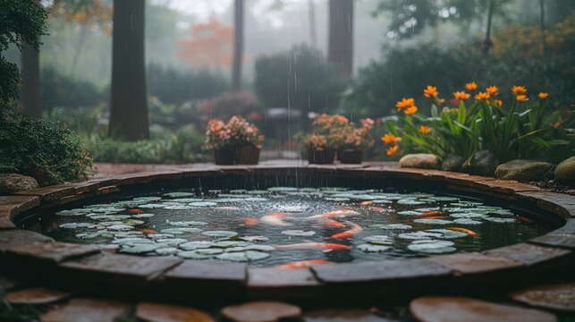 Rainy day scene with a beautiful koi fish pond and water lilies in a lush garden.