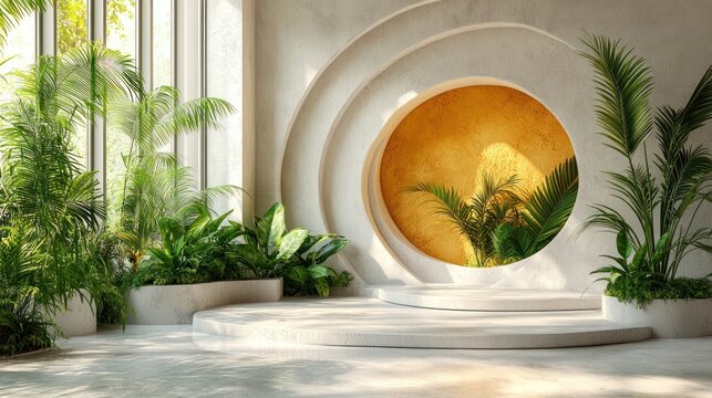 Minimalist interior with tropical plants and a yellow circular accent.