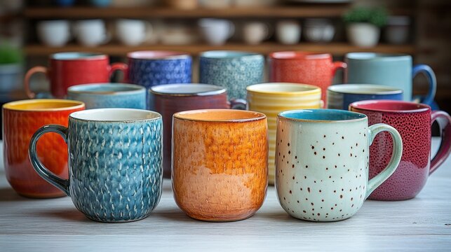 Collection of colorful handmade ceramic mugs on a table
