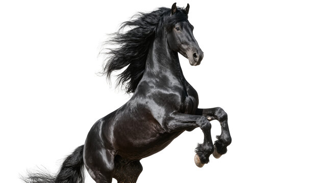 Majestic black Friesian horse rearing up mane flowing, isolated on transparent background