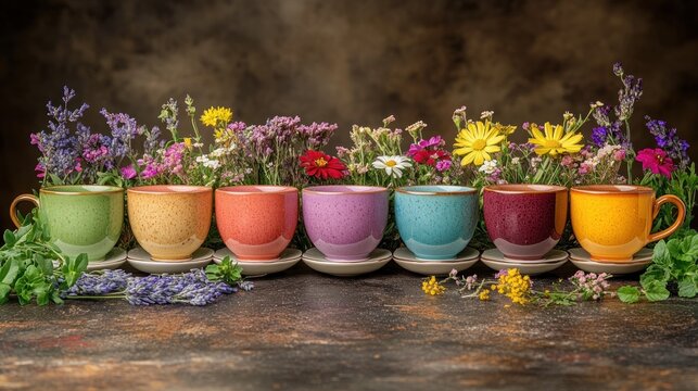 Vibrant collection of ceramic cups and mugs surrounded by natural herbs and wildflowers.