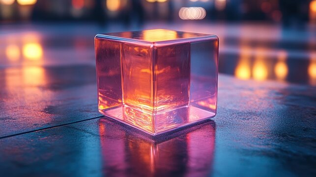 Vibrant Glowing Glass Cube on Wet Urban Surface at Night
