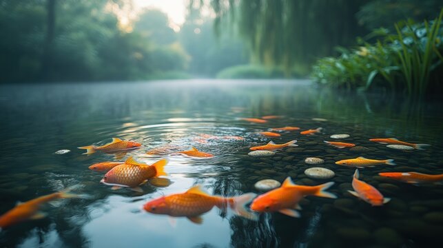 Vibrant orange koi fish swimming in a serene clear pond with lush greenery.