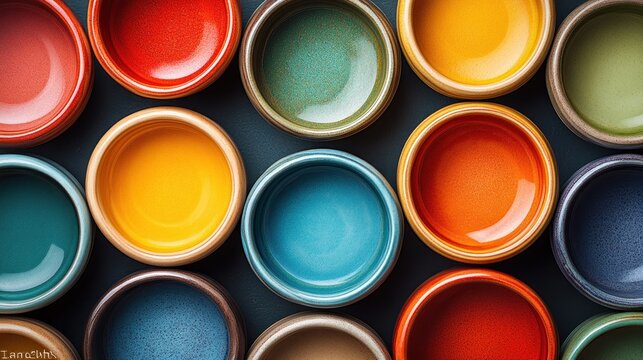 A vibrant arrangement of colorful ceramic bowls in a flat lay composition.