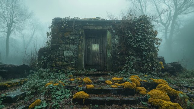 An abandoned stone cottage overgrown with moss in a foggy mystical forest.