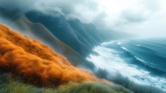 Dramatic Coastal Landscape with Rolling Orange Hills and Crashing Ocean Waves