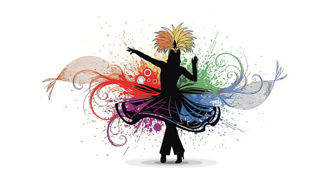 Silhouette of a female samba dancer wearing a feathered headdress performing against a vibrant rainbow background with colorful paint splatters, swirls, and ink drops on white.
