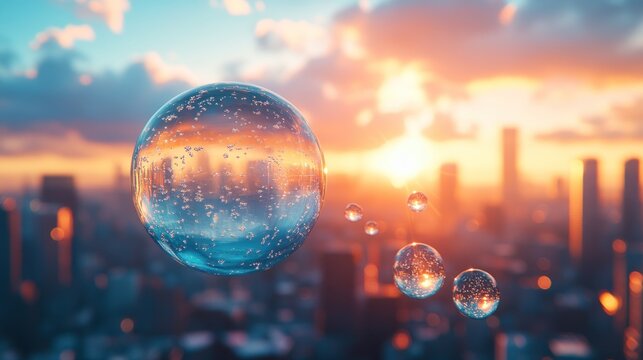 Floating water bubbles reflect a vibrant city sunset.