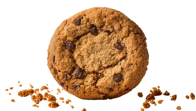 Golden brown chocolate chip cookie with crumbs, isolated on transparent background