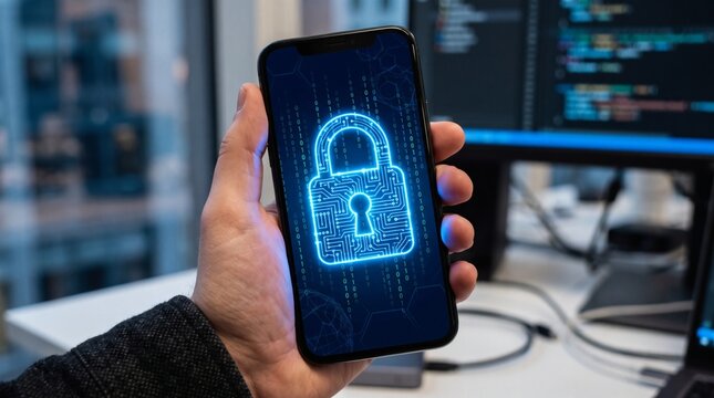 Smartphone displaying a glowing padlock icon symbolizing digital security and data protection.