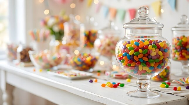 Glass candy jar filled with colorful jelly beans on a table for a party