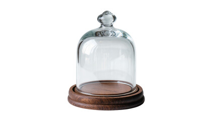 Clear glass dome cloche with knob on dark wood base, isolated on transparent background © Maria