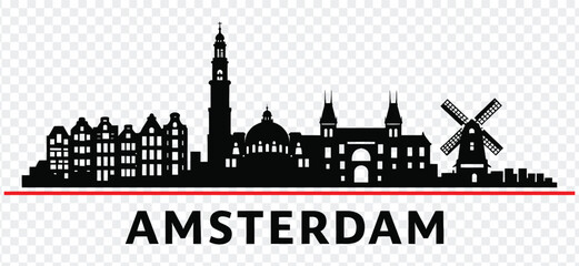 Obraz premium Amsterdam city skyline silhouette with famous landmarks and text