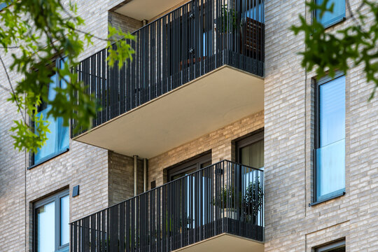 Closeup view of balconies on modern building