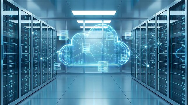 Digital cloud network connects data servers in modern technology center