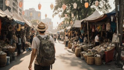 Obraz premium Traveler explores a vibrant outdoor market, lined with stalls & lanterns overhead, in a sunny cityscape