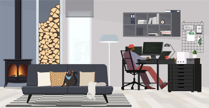 Home office, man working in workspace. Vector illustration.