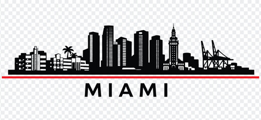 Fototapeta premium Miami skyline silhouette with famous landmarks, port cranes, and palm trees, vector illustration