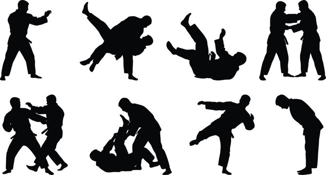 Martial Arts Combat Silhouette Collection with Grappling Throws Kicks and Self Defense Poses