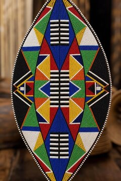 Traditional Zulu shield with vibrant, symmetrical beadwork, cultural artifact.