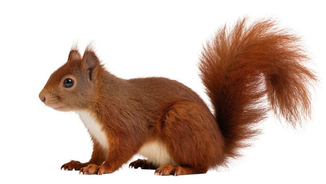 Red squirrel with bushy tail, isolated on transparent background