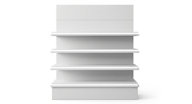 Empty white retail display shelves with header 3D render isolated on white background