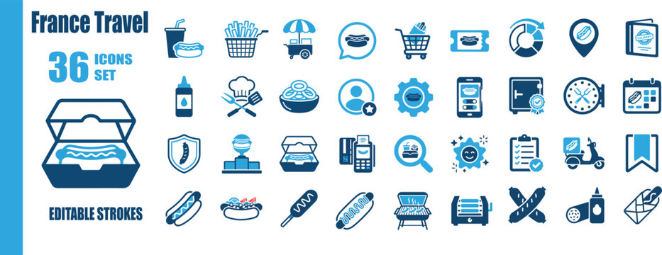 Gourmet Hot Dog Duotone Line Icon Set - Flat Vector Fast Food Branding Symbols, Street Food Truck Badges, Diner Menu Signs, and Takeaway Delivery UI Interface Assets