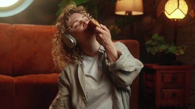 Horizontal video of curly haired woman listening to music in headphones while enjoying pizza during relaxing break at home. High quality 4k footage
