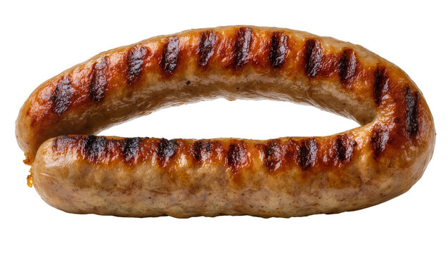 Curved grilled bratwurst sausage with dark grill marks, isolated on transparent background